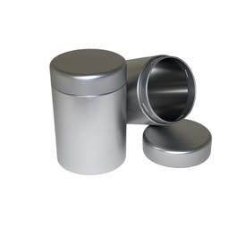 Munitionsdosen: Dose für Tee - runde Dose aus Weißblech mit Nockenverschluss.